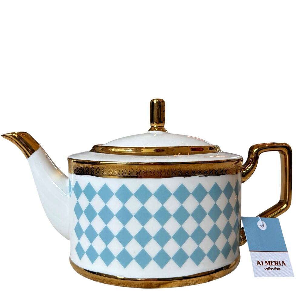 Almeria Blue & White Harlequin Porcelain Teapot with Lid Gold Accents 32oz NEW